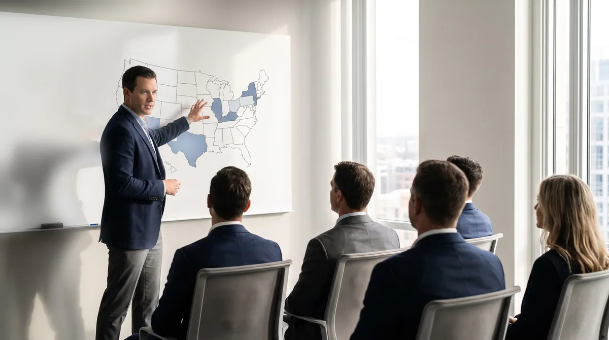 A Company Sellers advisor presenting franchise territory coverage to a group of prospective franchisees