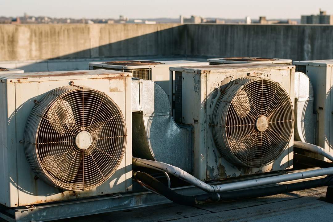Rooftop air conditioning condenser units with a city skyline behind